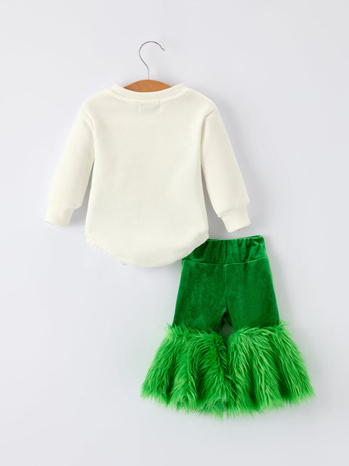 Mommy & Me Christmas Bow Print Baby Romper with Green Furry Bell Bottoms